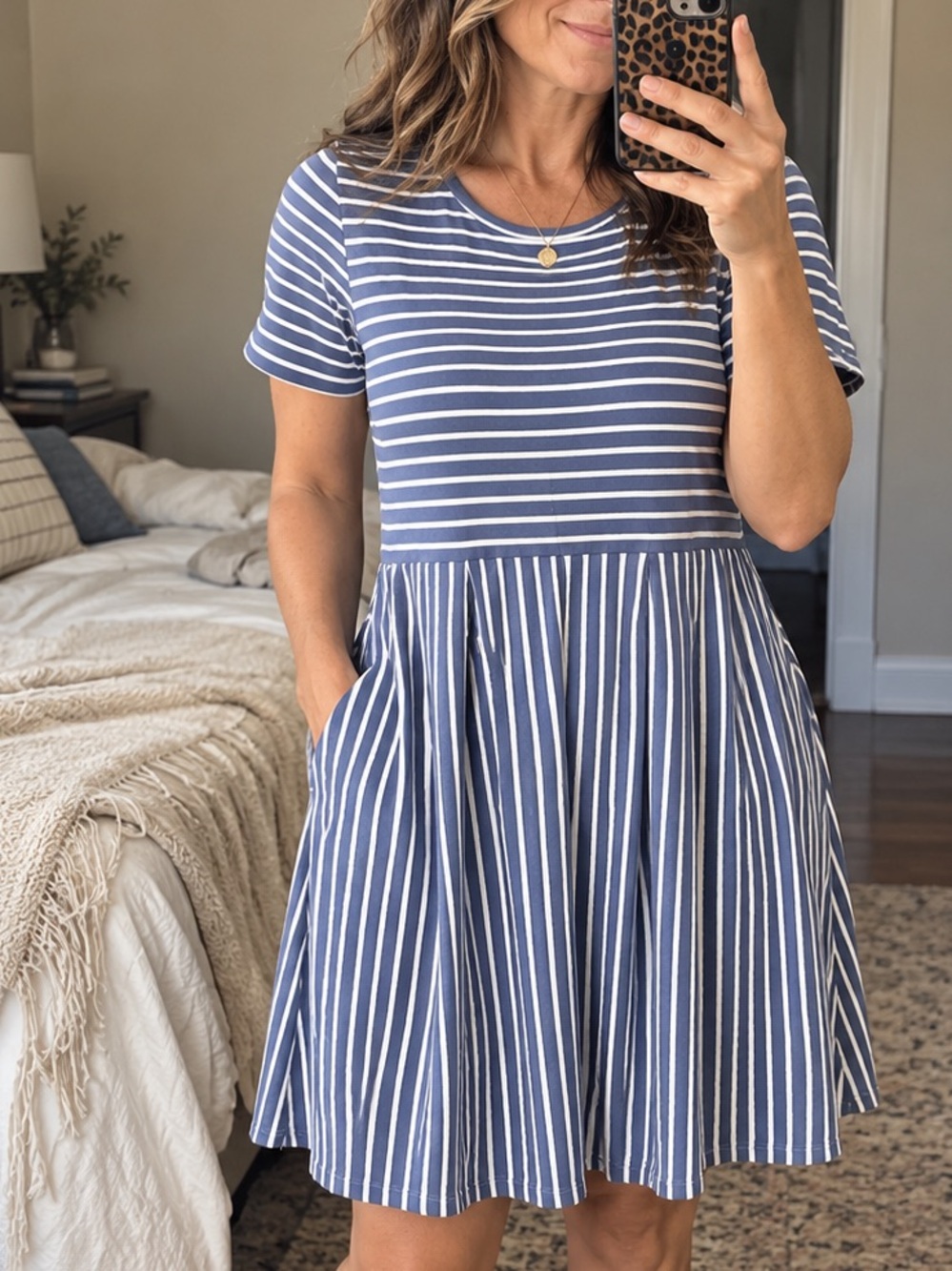 Draper James Fit Flare Dress XL Blue White Stripe Stretch Pockets Short Sleeve